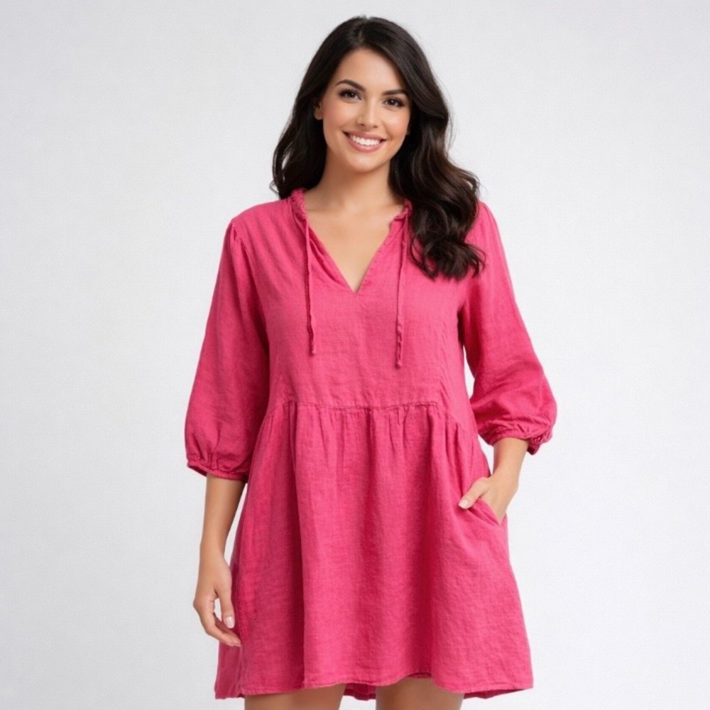 Stark X Queen 100% linen pink balloon sleeve dress, size Medium